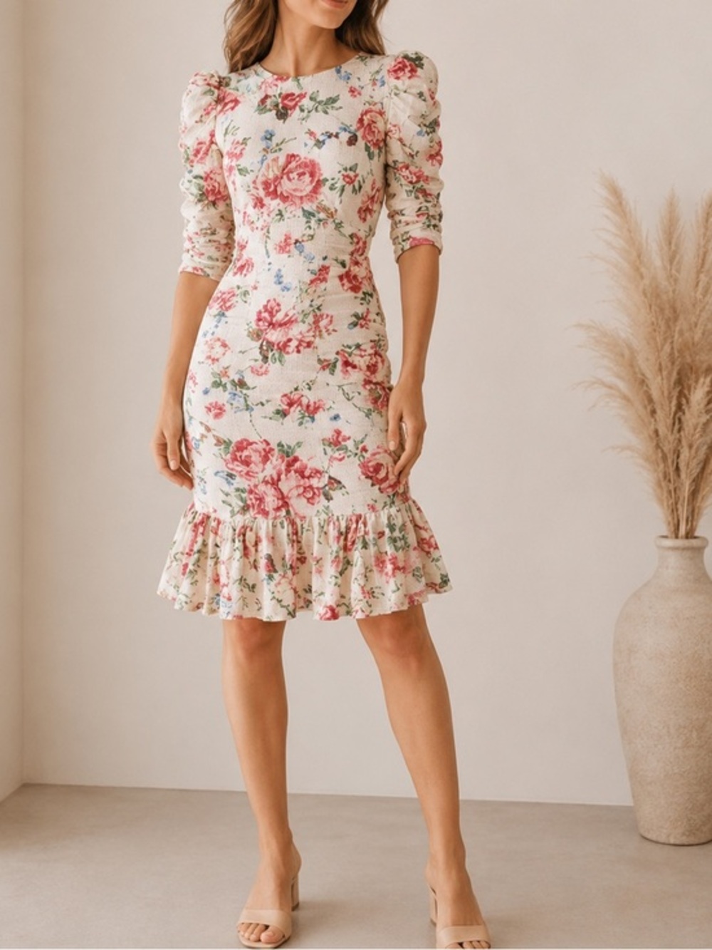ByTimo White Pink Floral Satin Knee Length Puff Sleeve Wedding Guest Dress